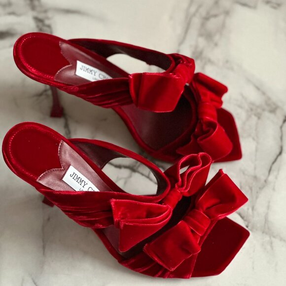 Jimmy Choo Red Velvet Bow Flaca Heels - Picture 2 of 8